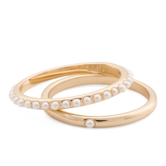 AllSaints Set of 2 Faux Pearl Detail Rings in Gold Tone Brass Size L 8 New - Picture 1 of 3